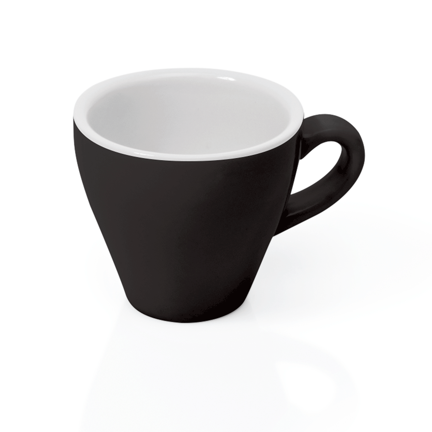 Schwarze Tasse mit Henkel.