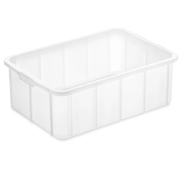 Weiße Kunststoffbox für Lebensmittelaufbewahrung.