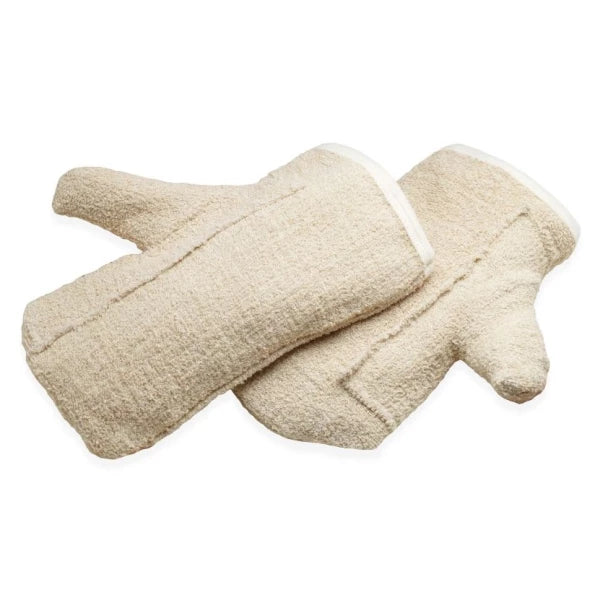 Zwei beige Ofenhandschuhe aus Stoff.