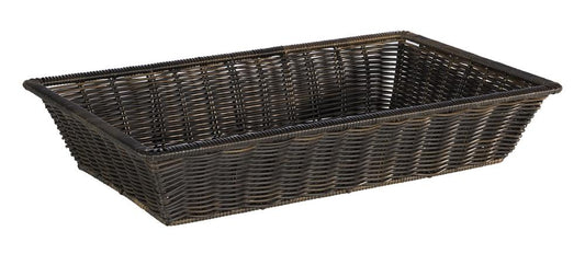 Rechteckiger geflochtener Korb, leer.