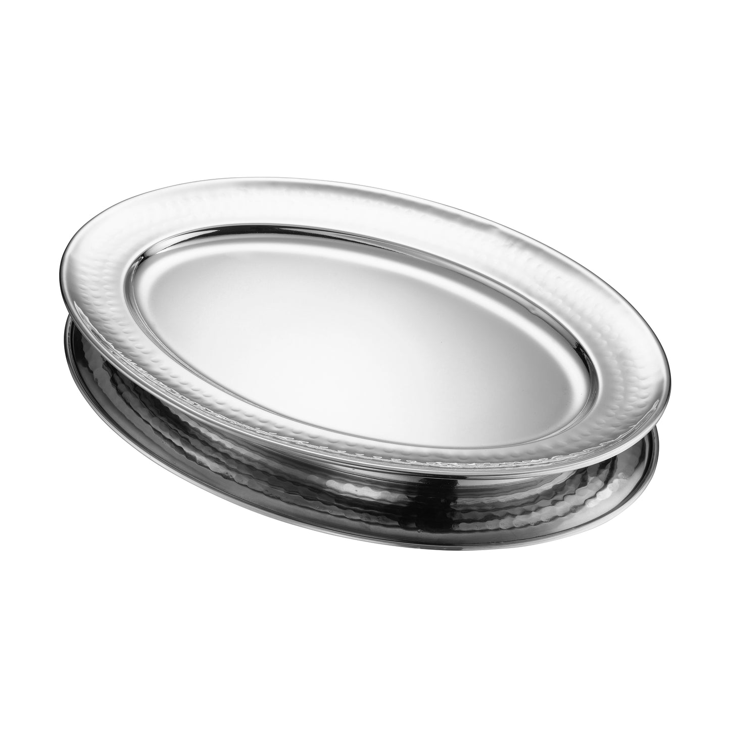 Silbernes, ovales Serviertablett aus Metall.