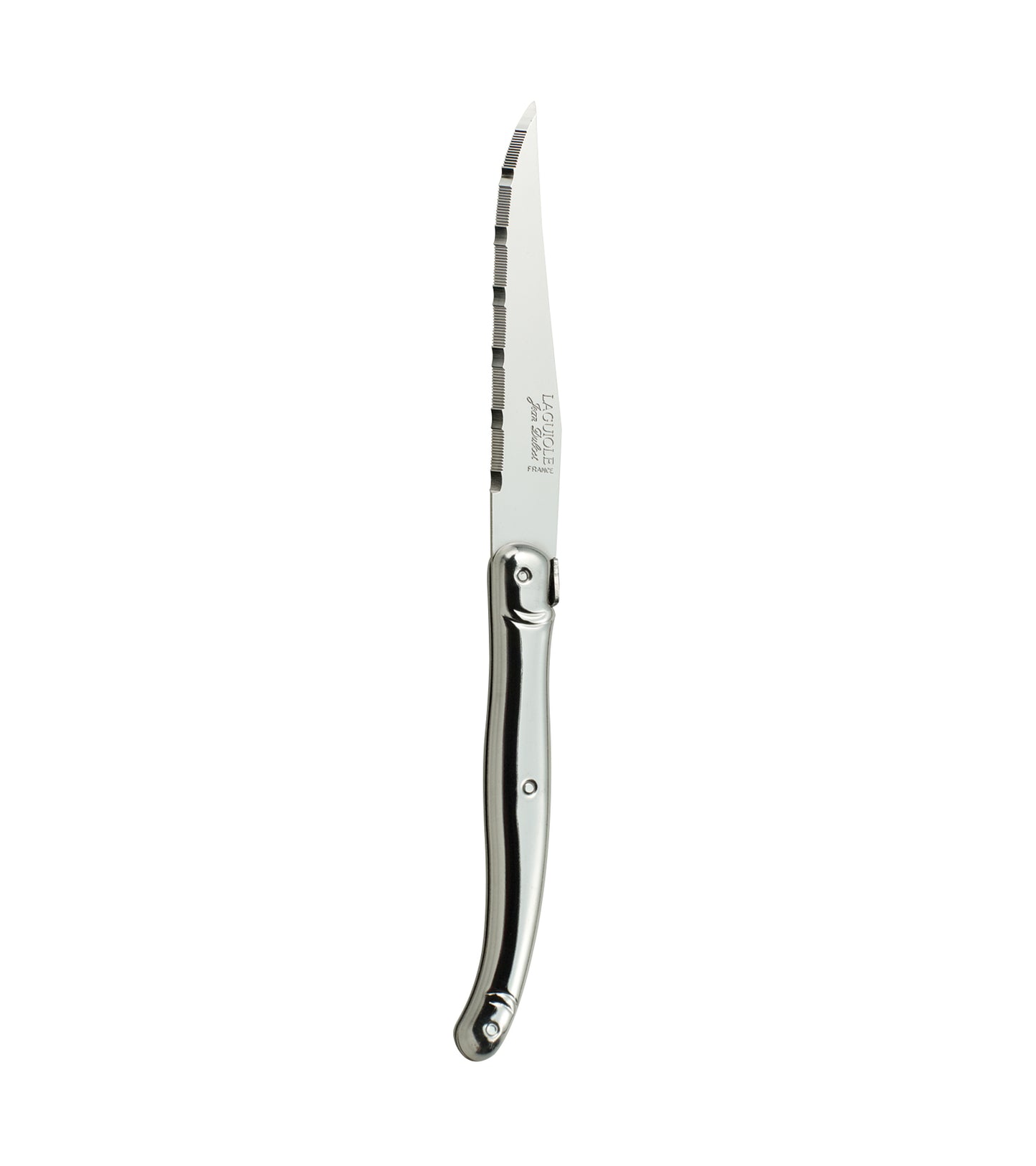 Silbernes Steakmesser mit gezackter Klinge.