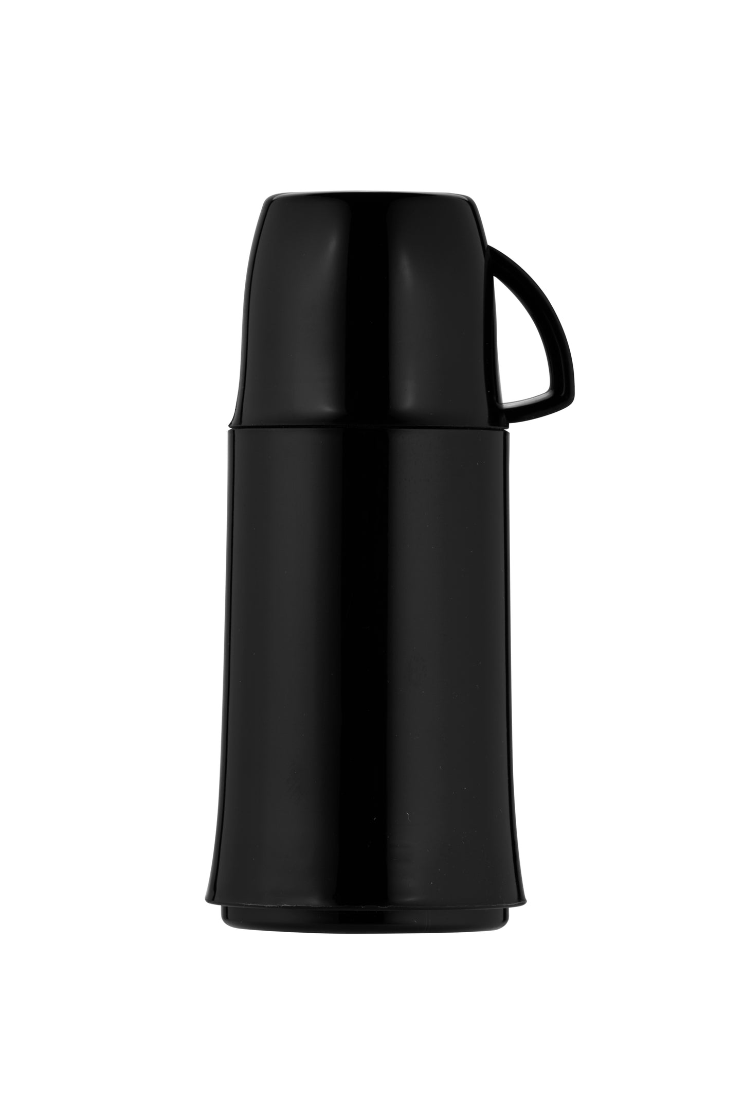 Schwarze Thermoskanne mit Henkel, isoliert.