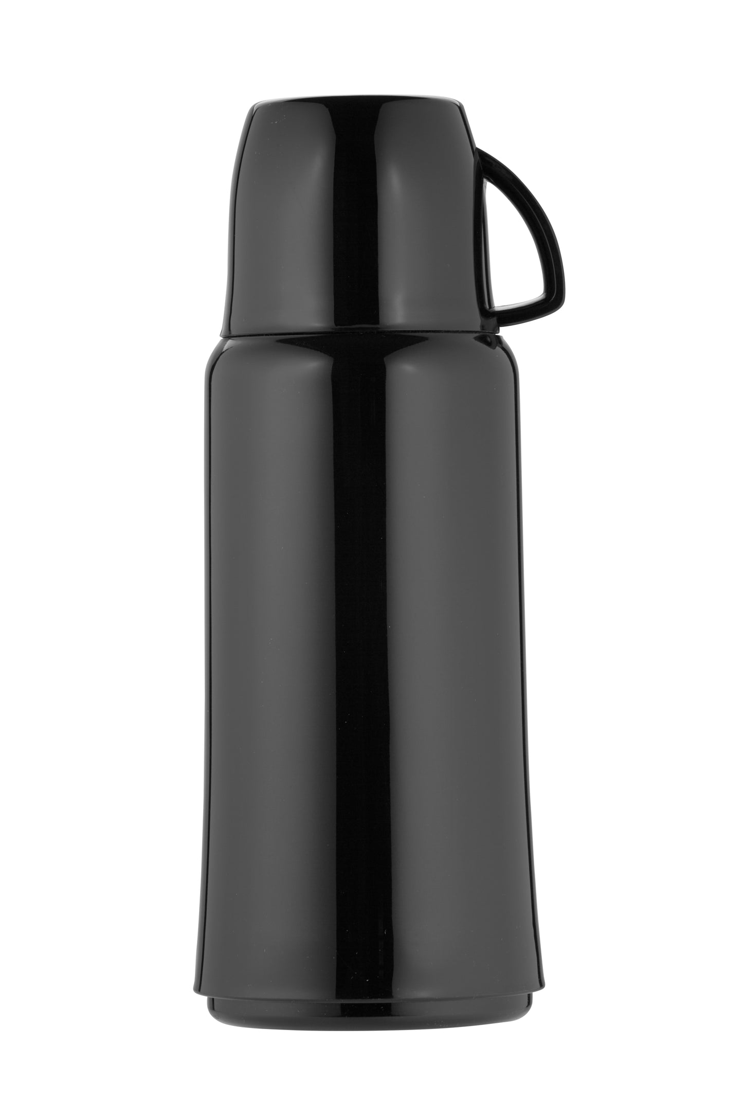 Schwarze Thermoskanne mit Henkel, isoliert.
