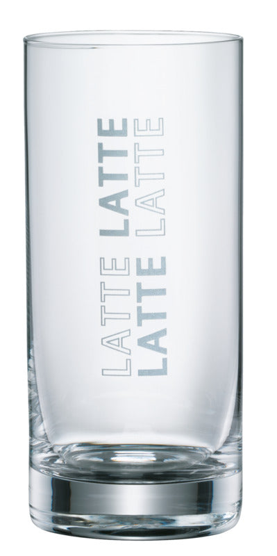 Latte Macchiato Glas mit Schriftzug.
