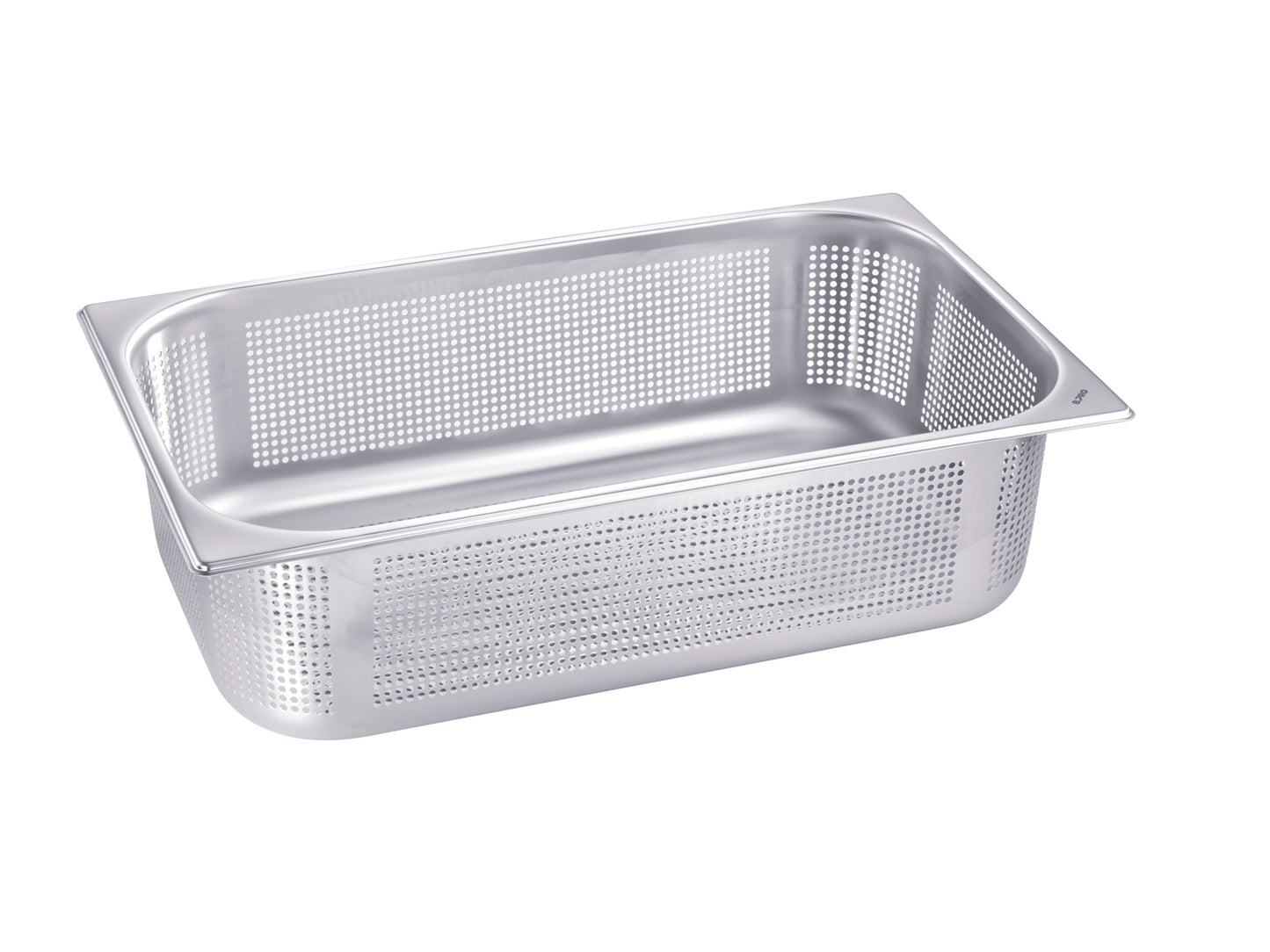 Perforierter Edelstahl-Gastronormbehälter.