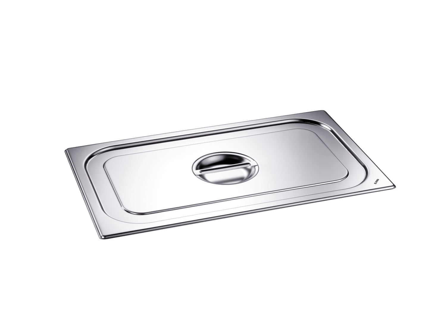 Edelstahl-Gastronorm-Deckel auf weißem Hintergrund.