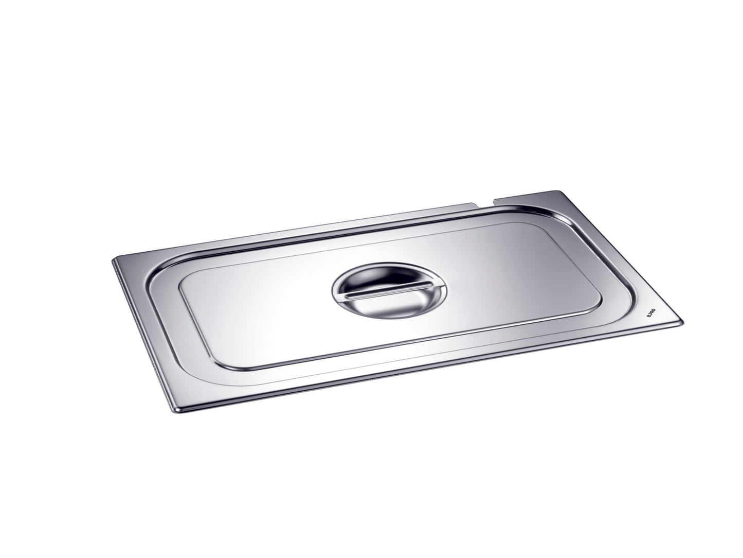 Edelstahl-Gastronomiebehälterdeckel mit Griff.