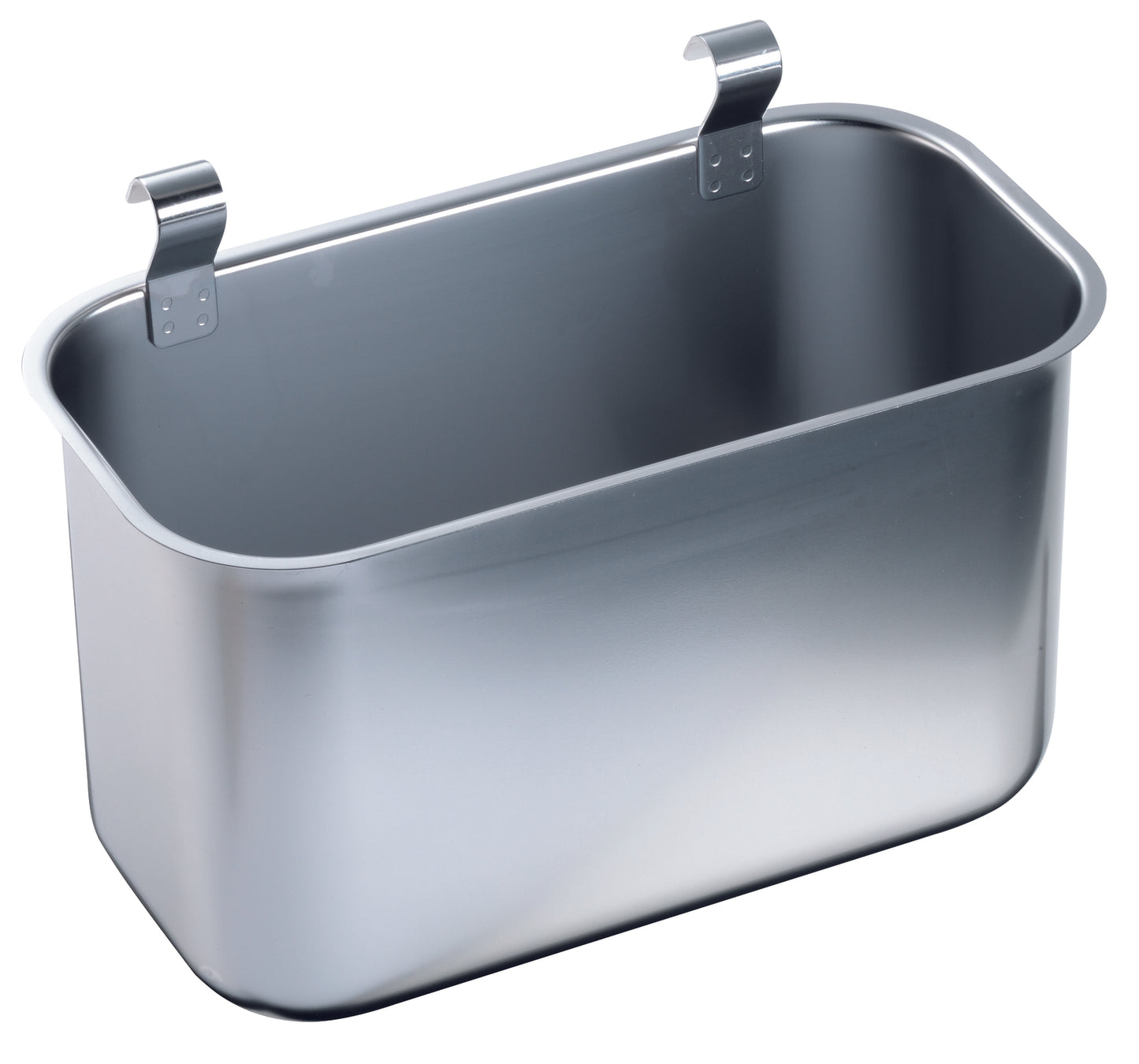 Metallbehälter mit Haken, rechteckig.