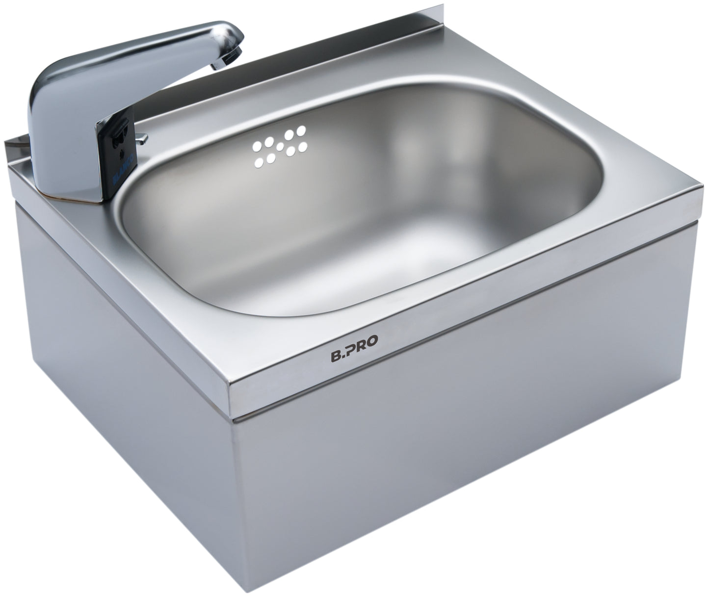 Edelstahl-Waschbecken mit Wasserhahn.