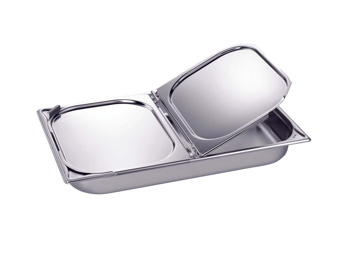 Edelstahl-Gastronormbehälter mit Deckeln.