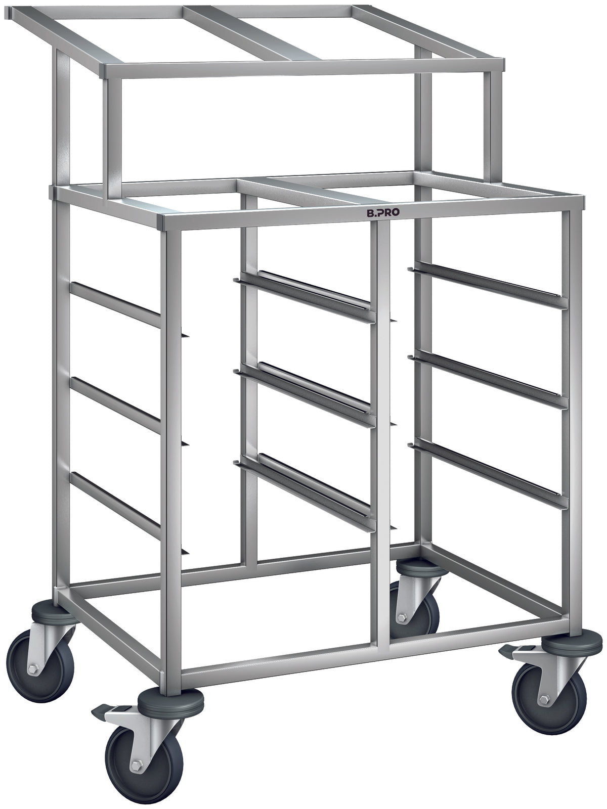 Metallischer Servierwagen mit Rollen.