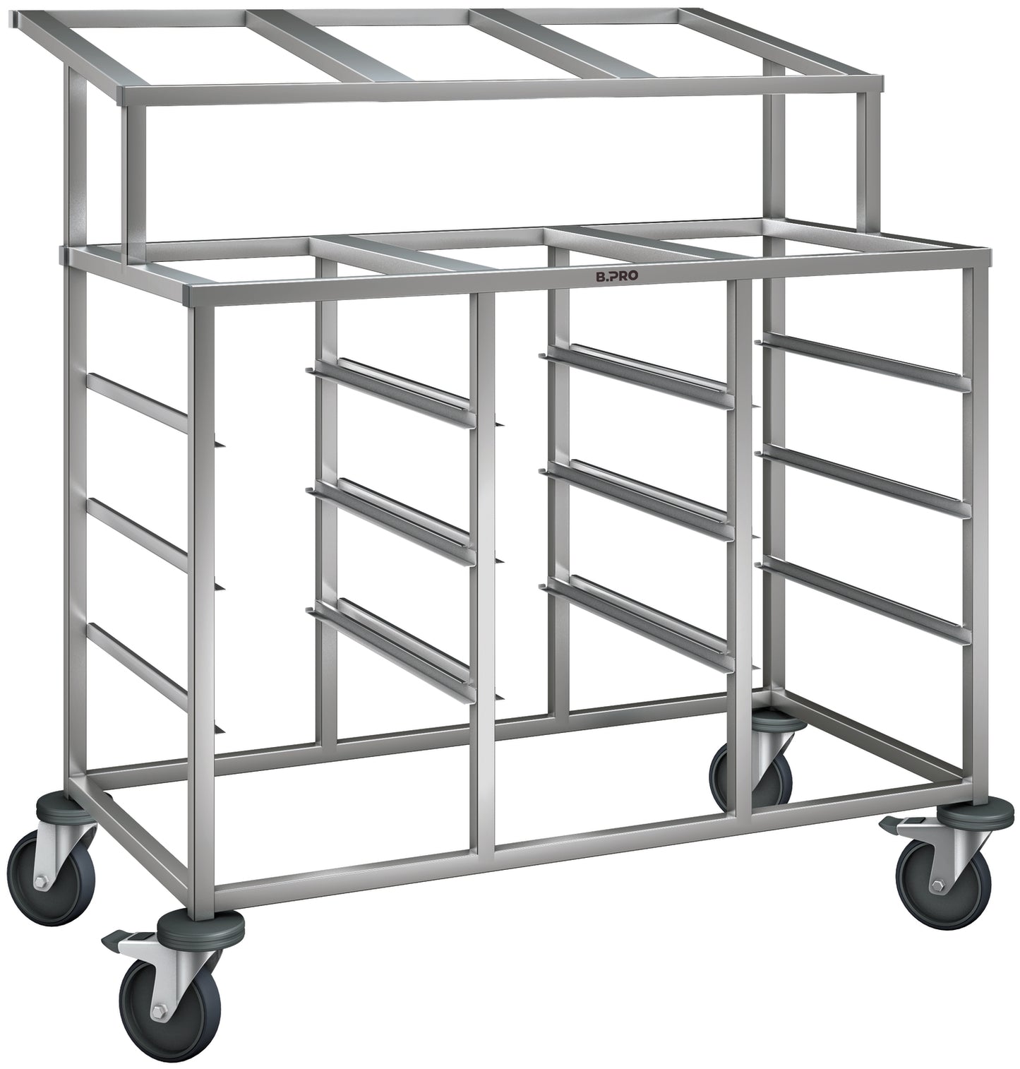 Metallischer Servierwagen mit Rollen.
