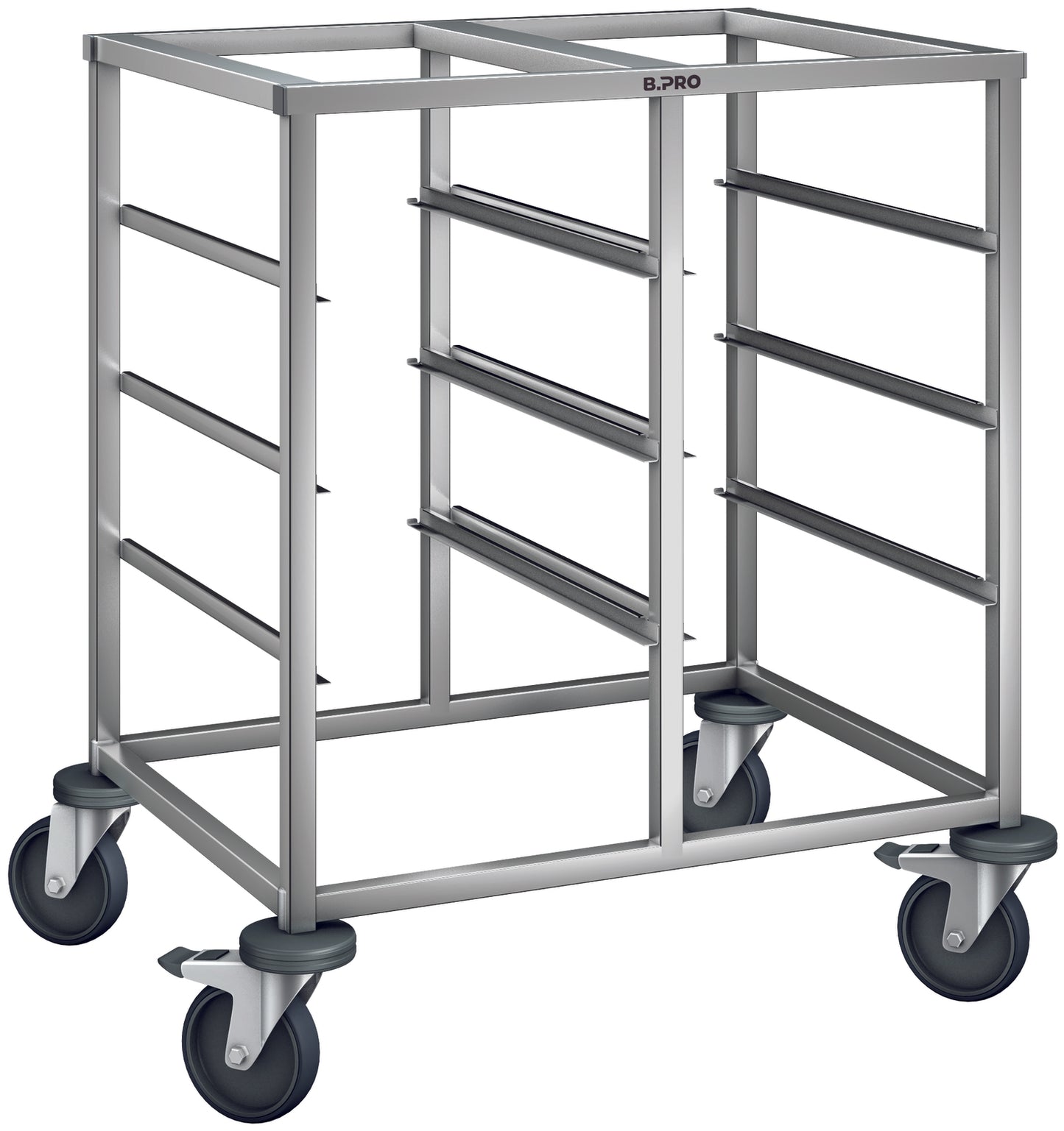 Metallwagen mit Rollen für Tabletts.