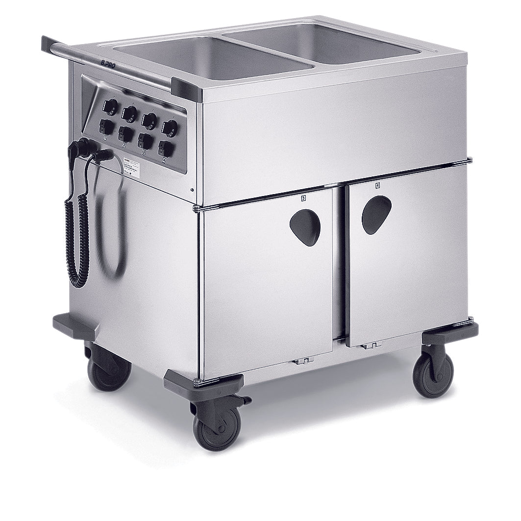 Mobiler Edelstahl-Gastronomie-Wagen mit Rädern.