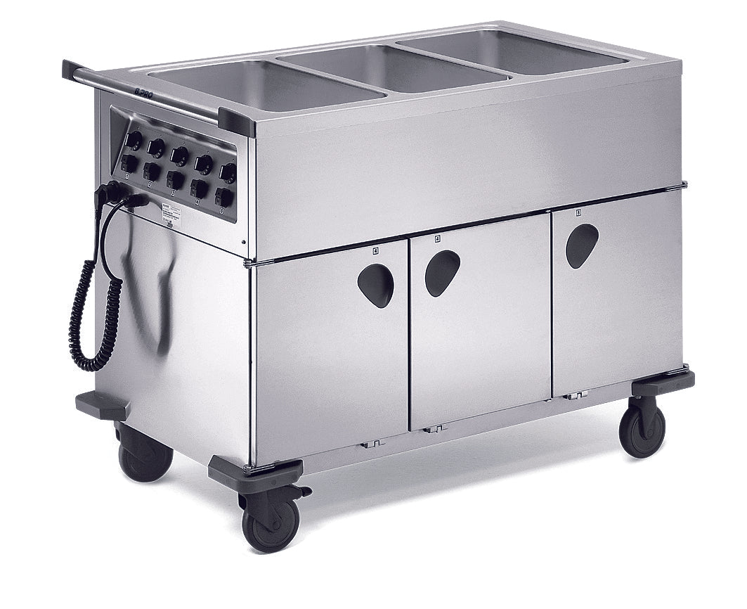 Mobiler Edelstahl-Gastronomie-Servierwagen.