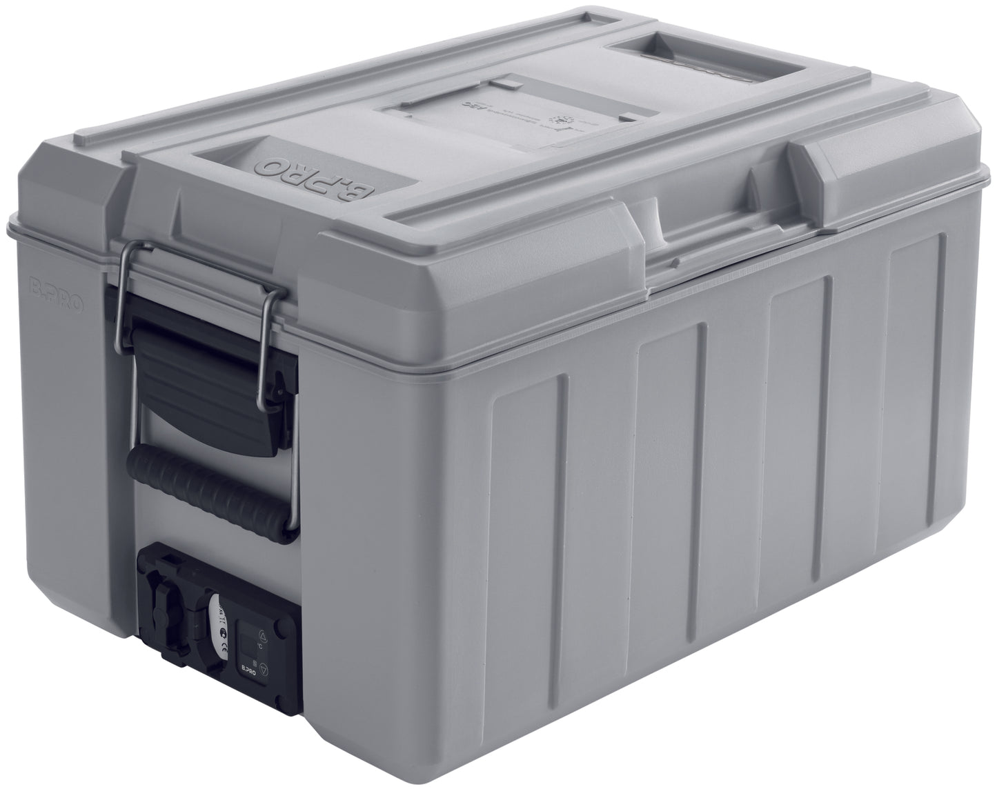Graue Isolierbox mit Griffen.