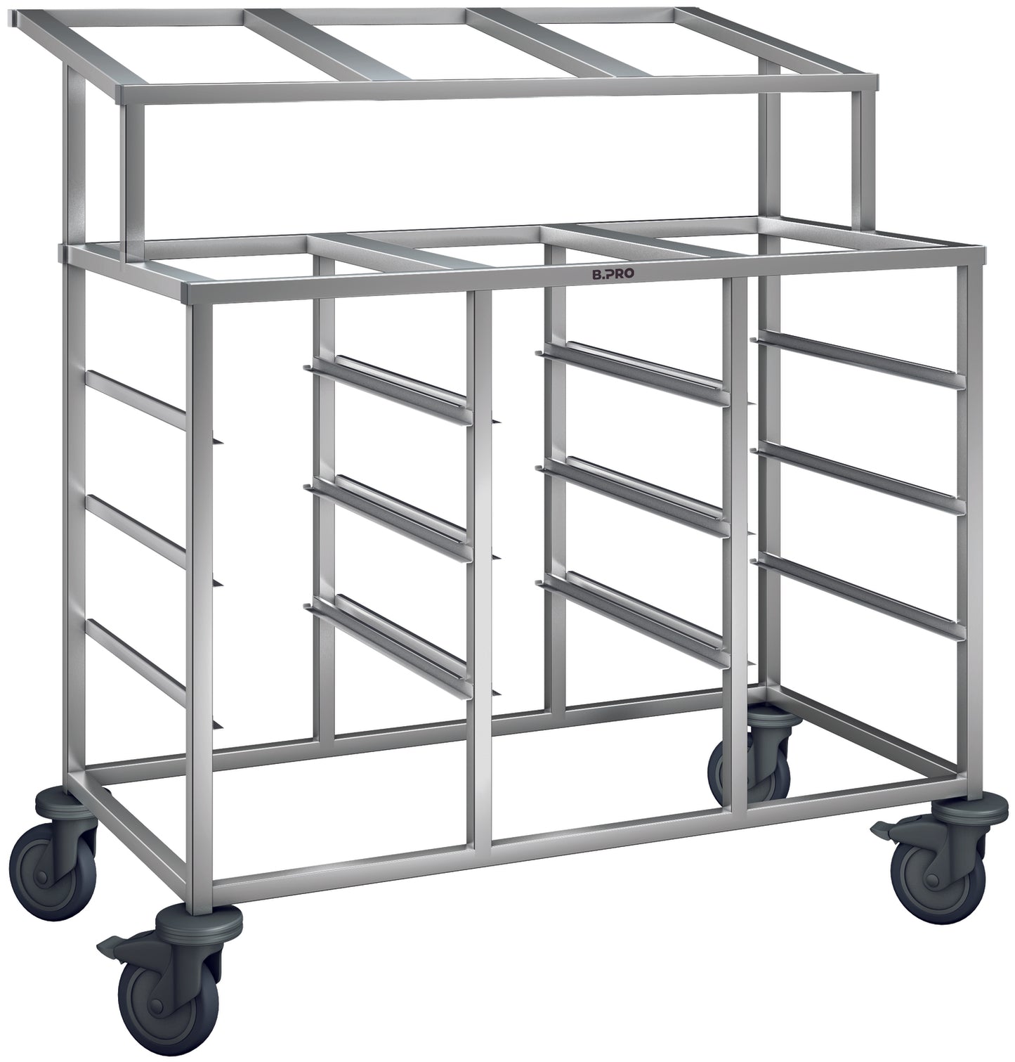 Metallwagen mit Rollen für Tabletts.