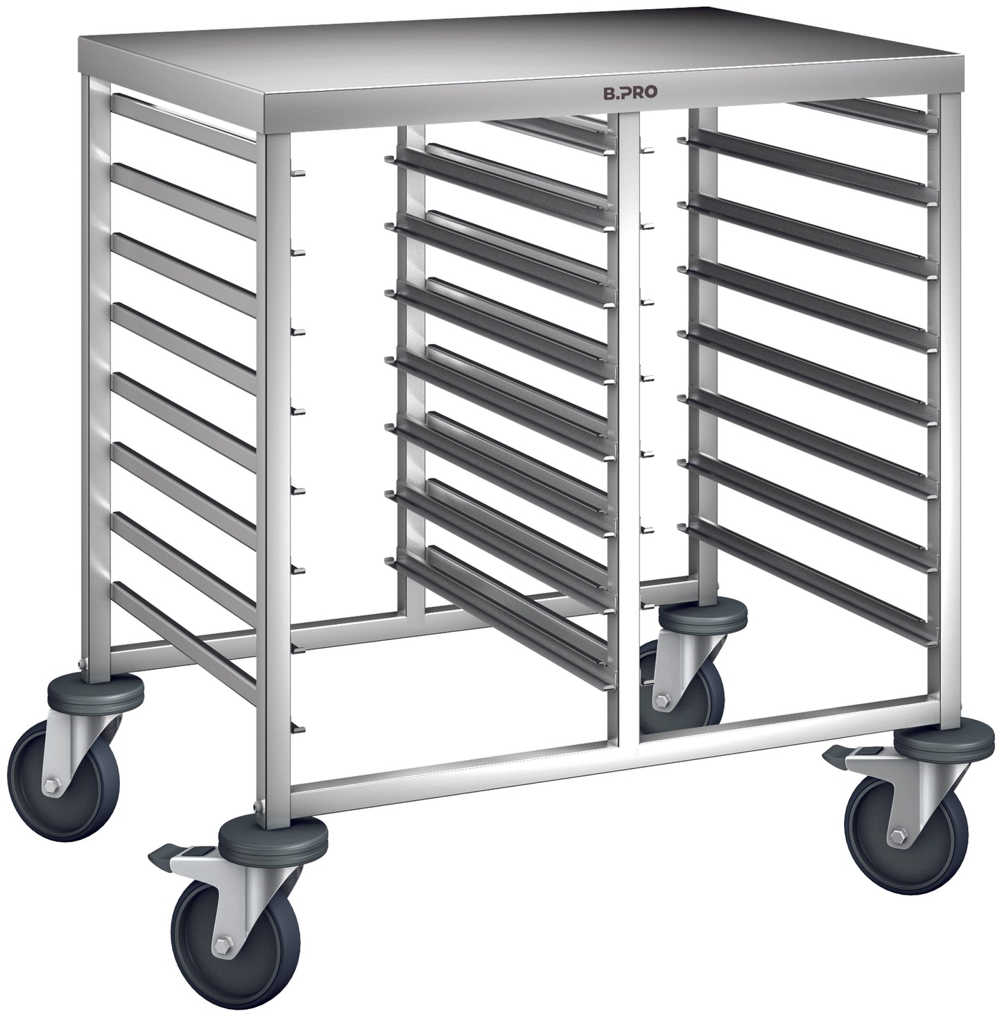 Metallischer Servierwagen mit Rollen.