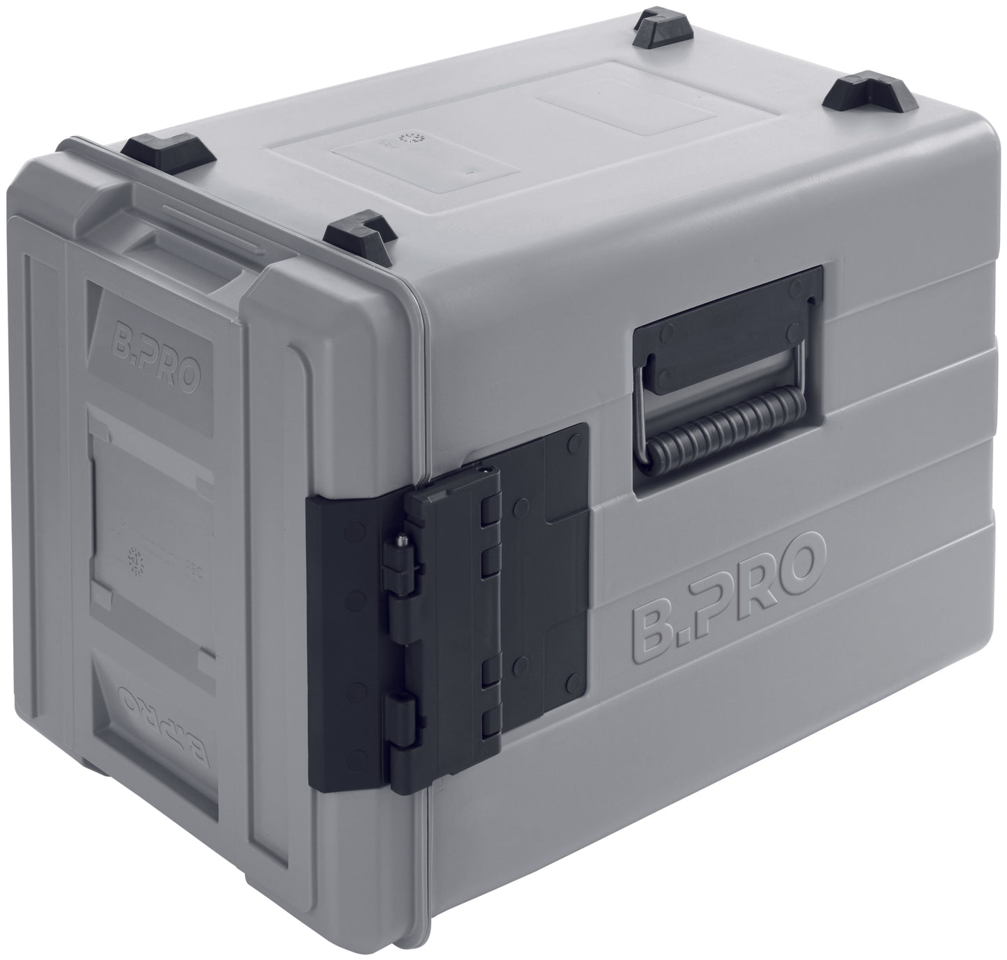 Graue Thermobox mit Griffen.