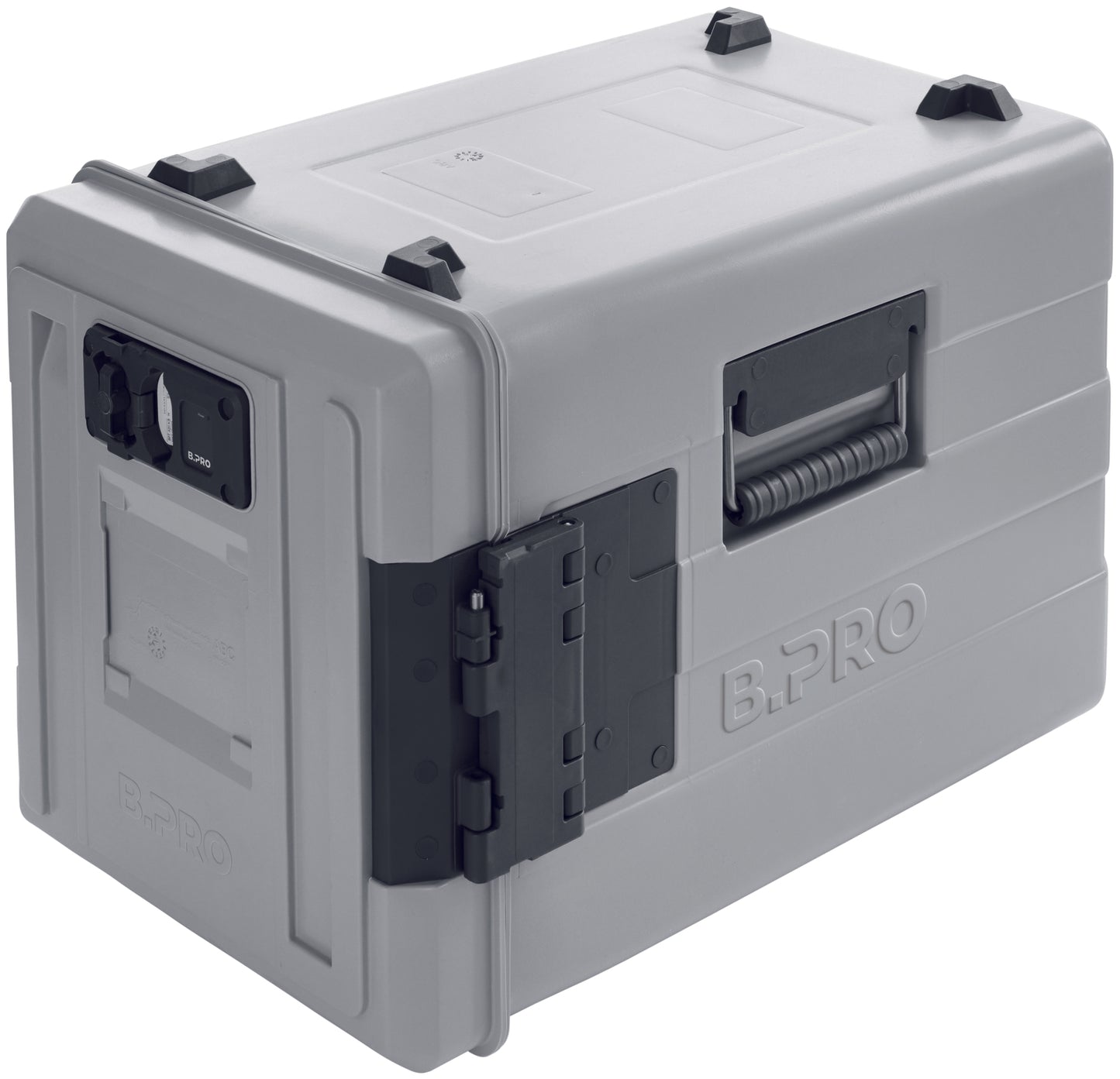 Graue Transportbox mit Griffen.