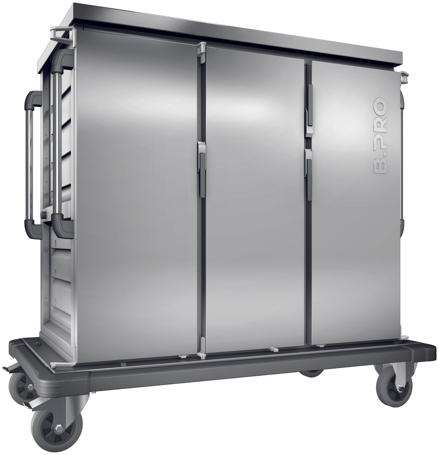 Silberner mobiler Gastronomie-Transportwagen.