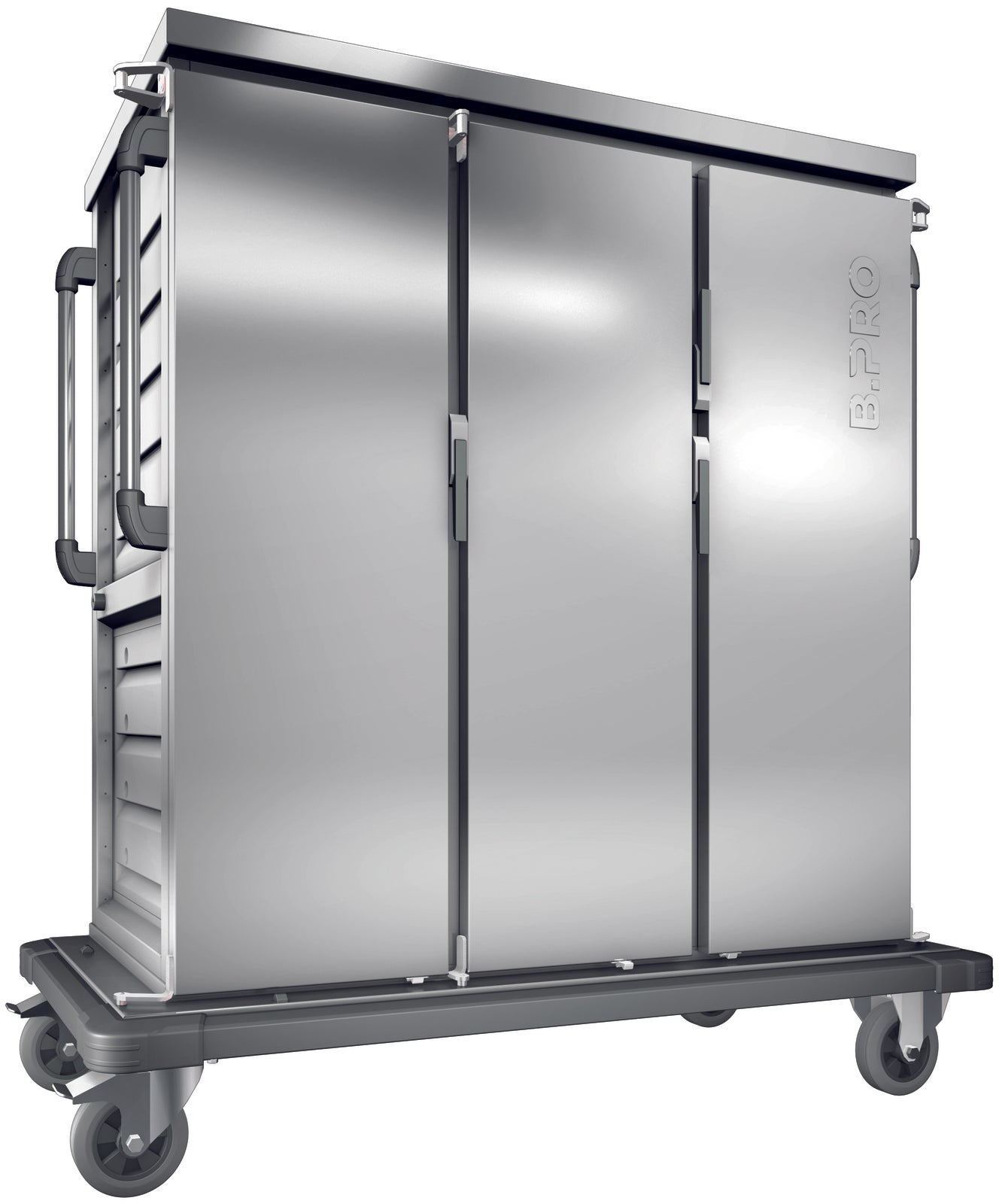 Mobiler Edelstahl-Gastronomiewagen mit Türen.
