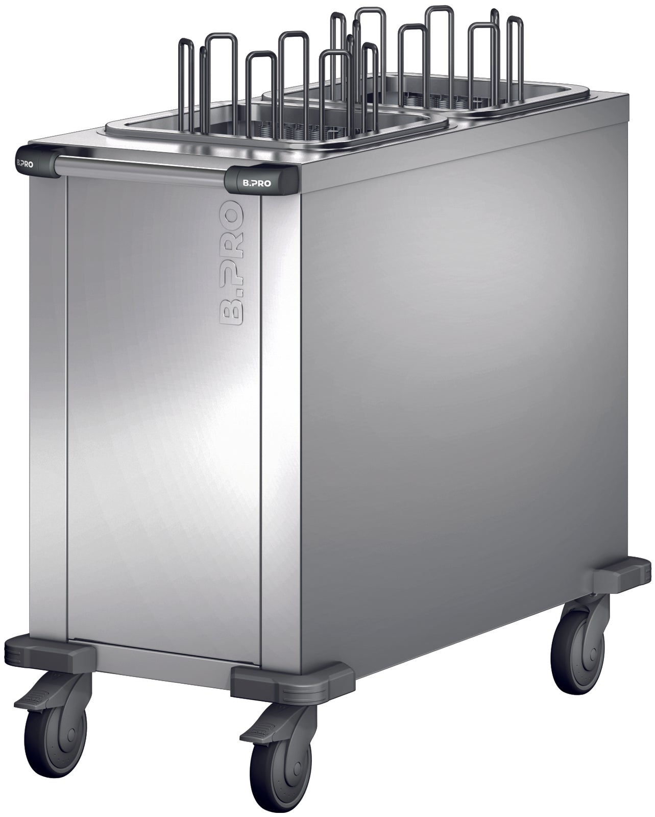 Mobiler Besteckwagen aus Edelstahl.