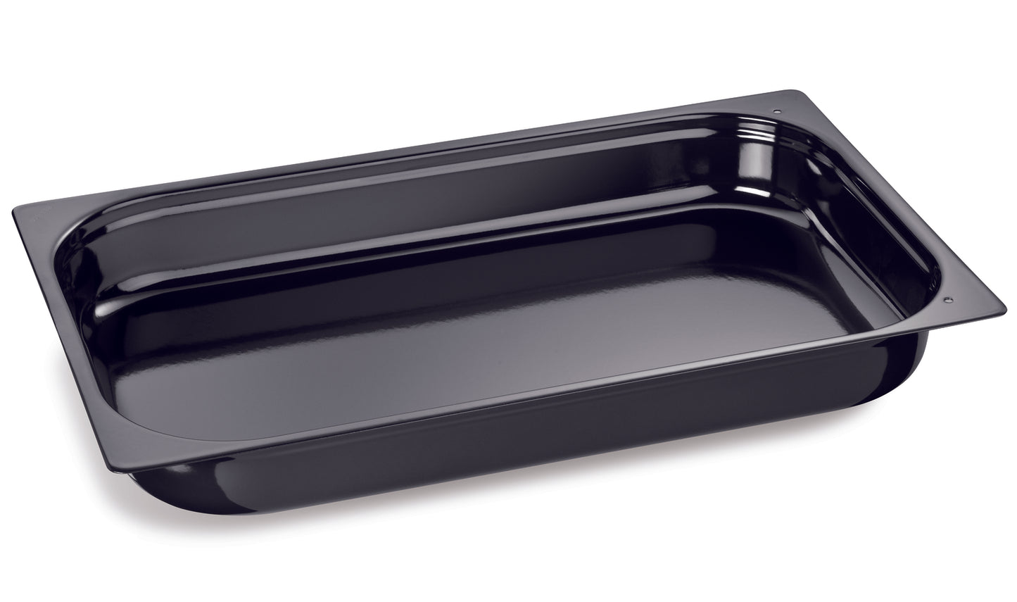 Schwarze GN-Behälter aus Edelstahl.