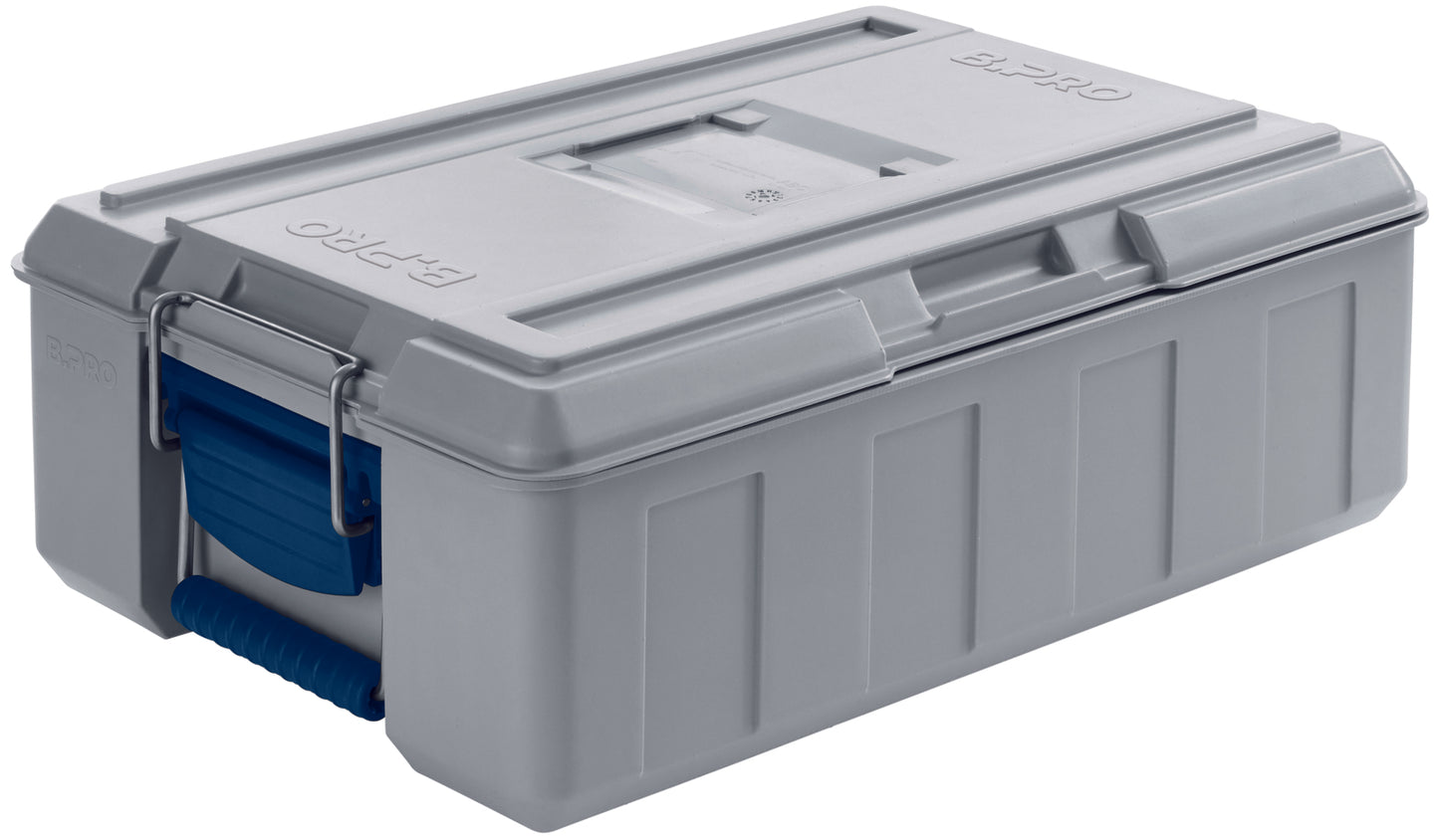 Graue Transportbox mit Griffen.