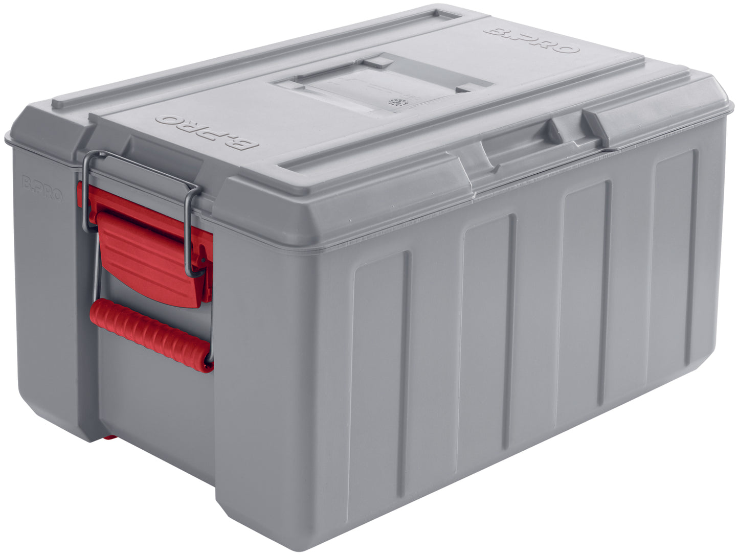 Graue Transportbox mit rotem Griff.