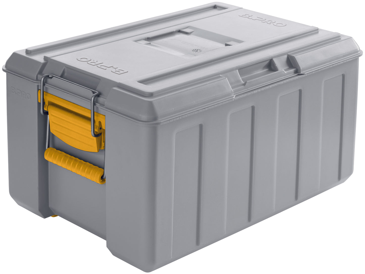 Graue Transportbox mit gelbem Griff.
