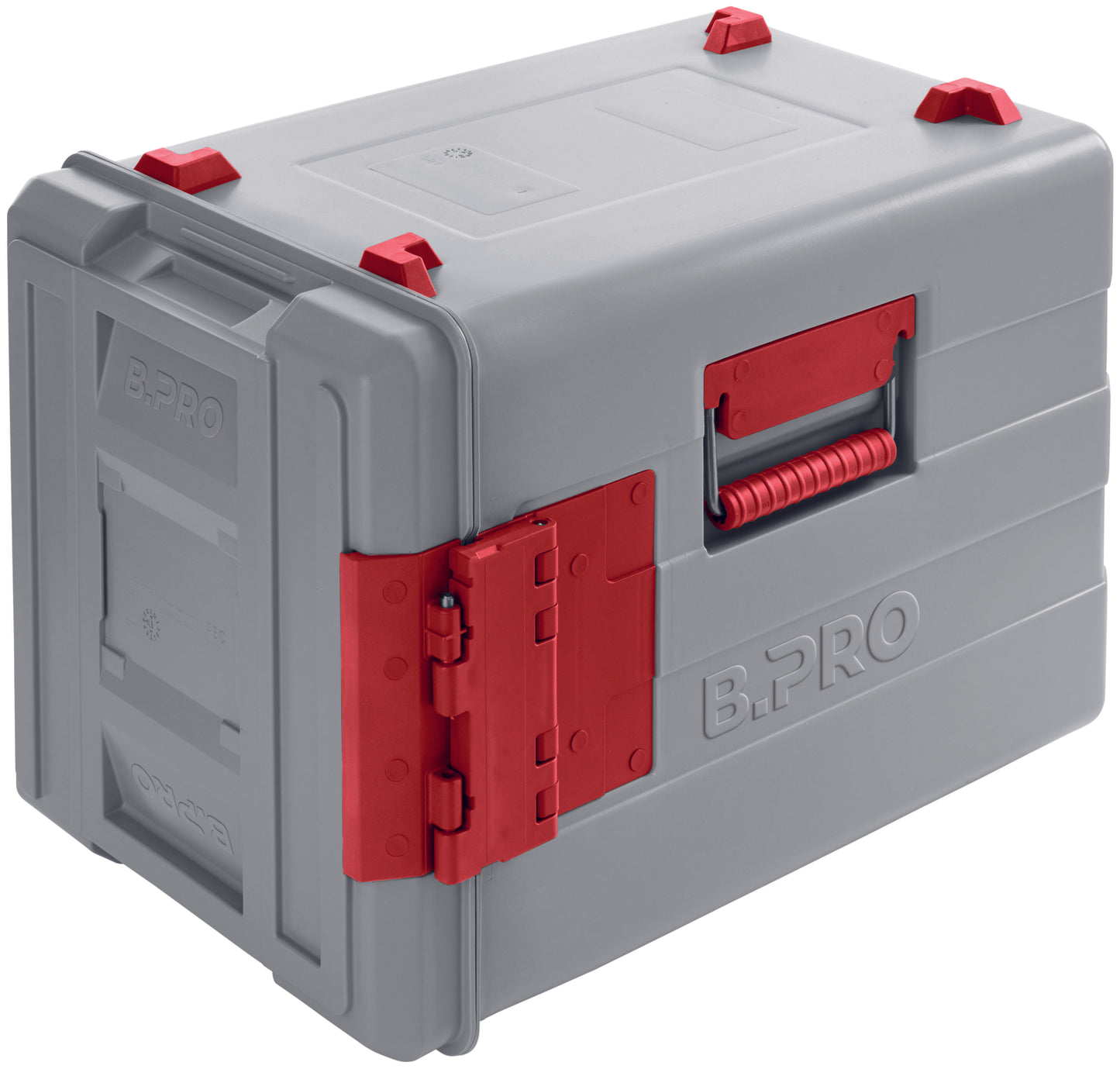 Graue Transportbox mit rotem Griff.