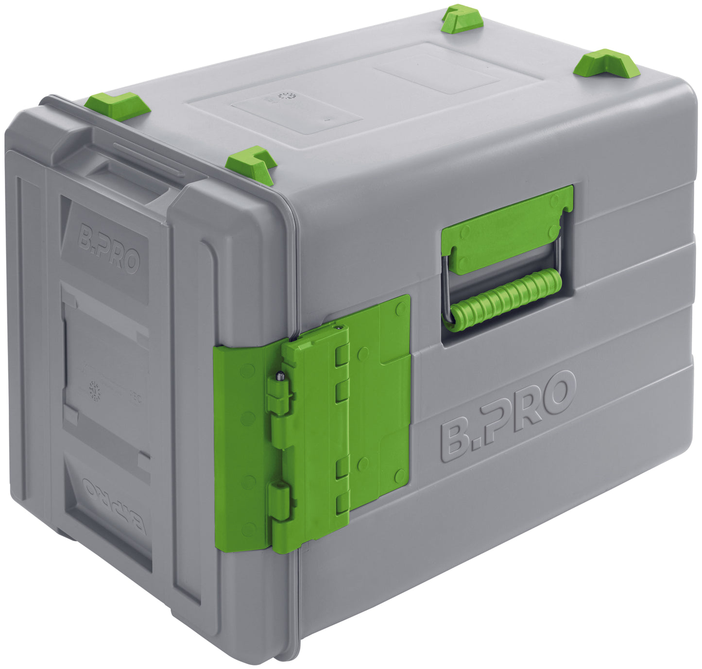 Graue Transportbox mit grünen Details.