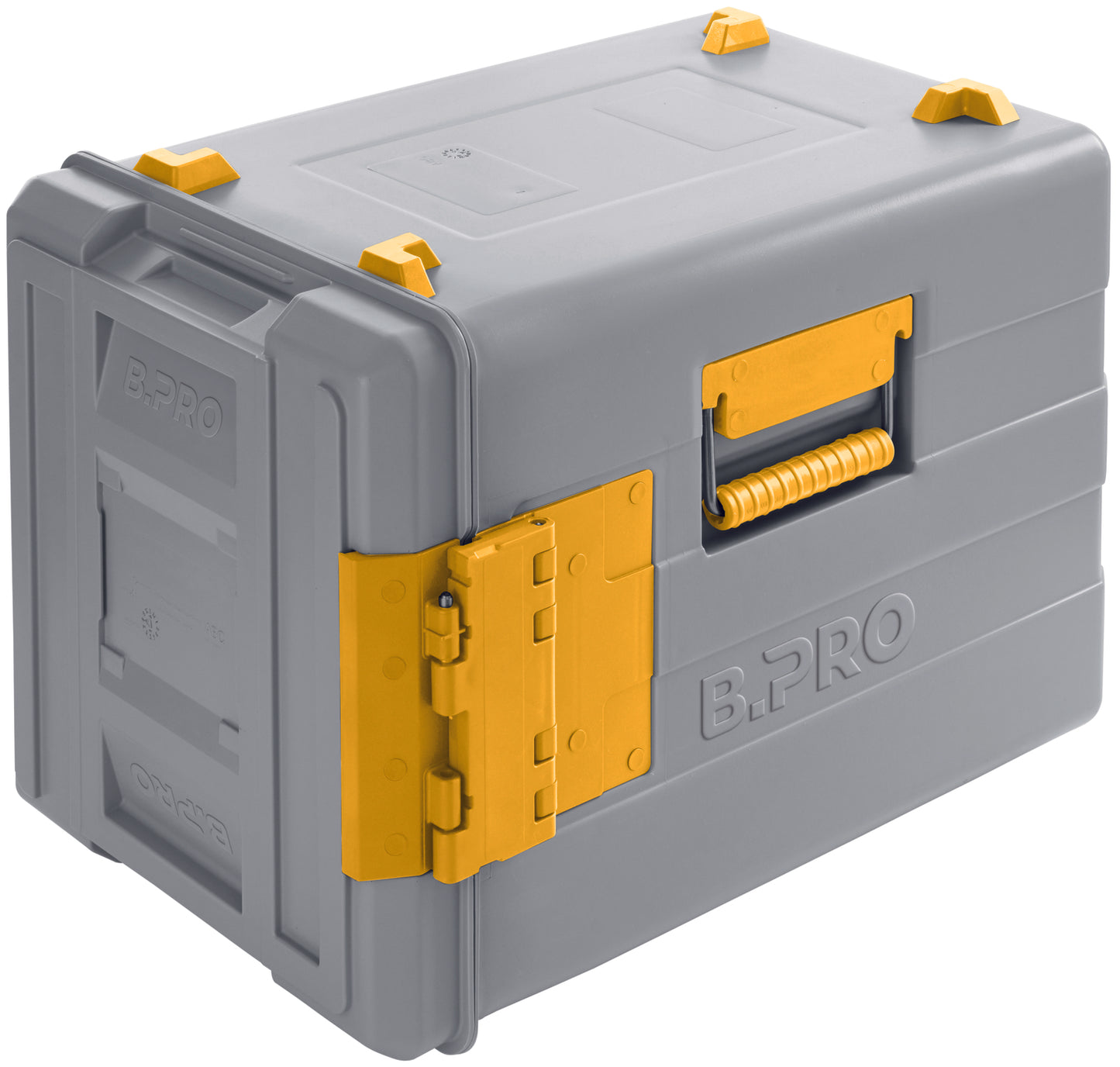 Graue Transportbox mit gelben Details.
