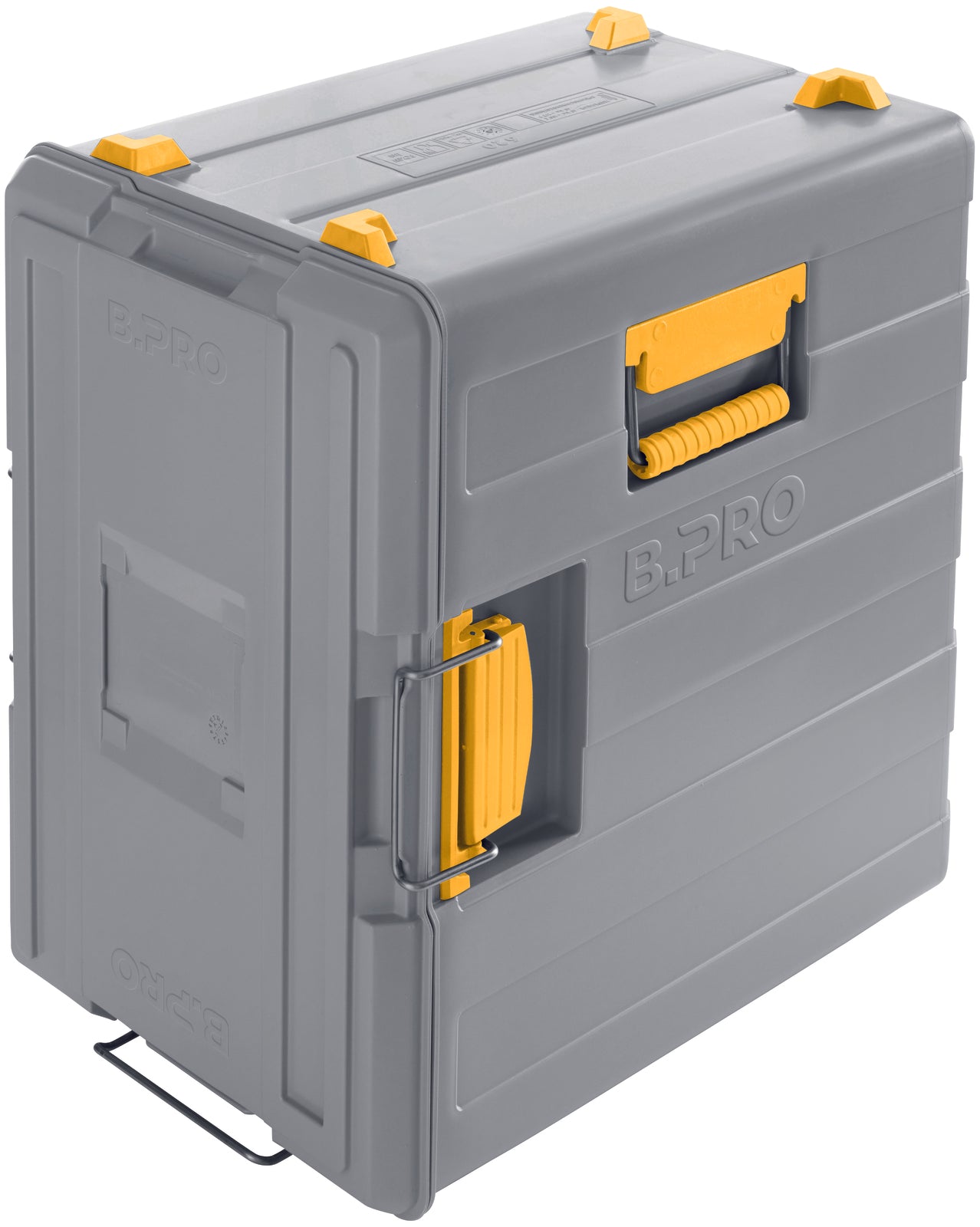 Graue Transportbox mit gelben Griffen.