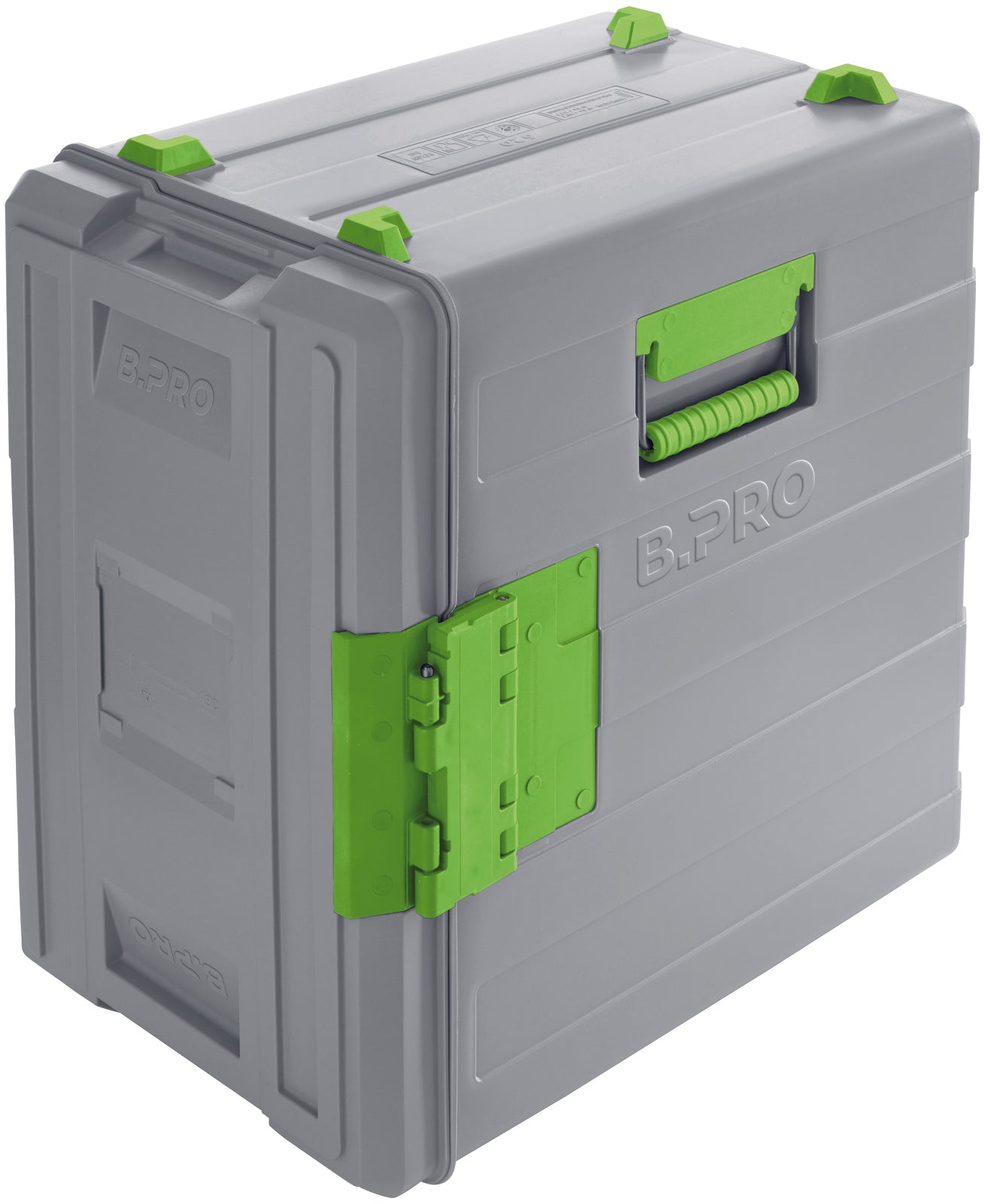 Graue Transportbox mit grünen Akzenten.