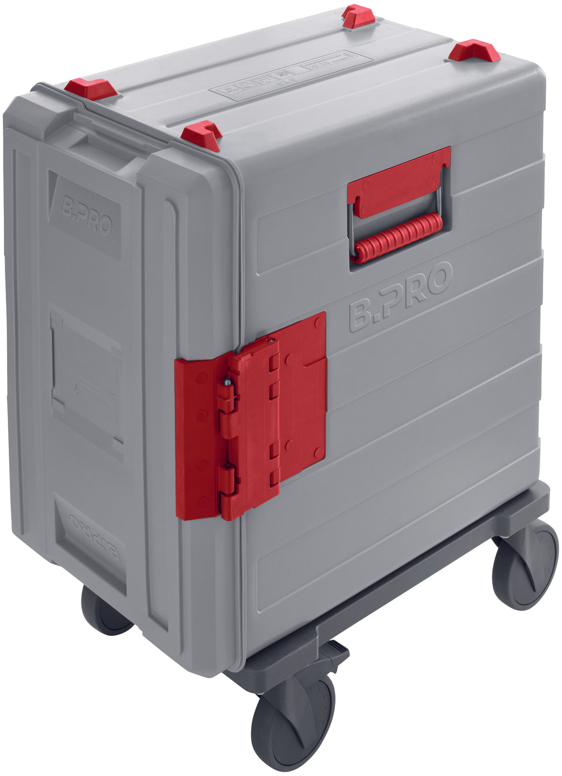Grauer Transportbehälter mit Rollen.