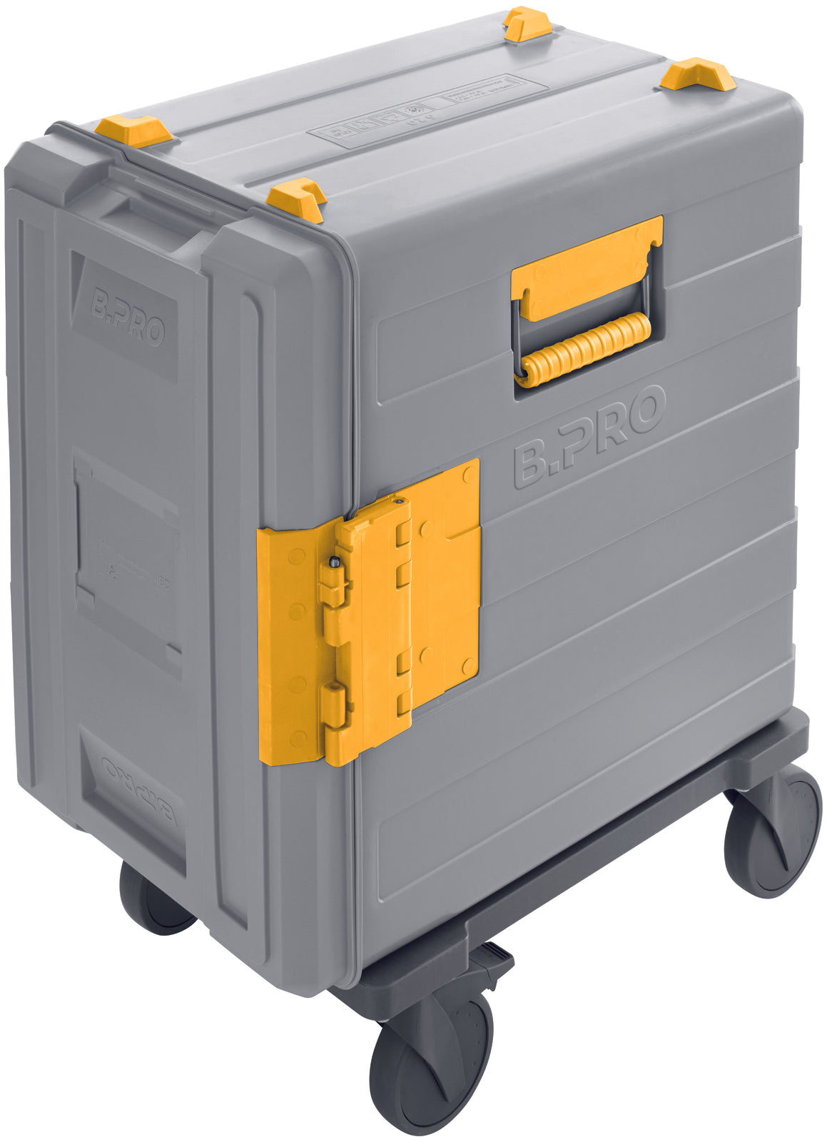 Grauer Transportbehälter mit Rollen.