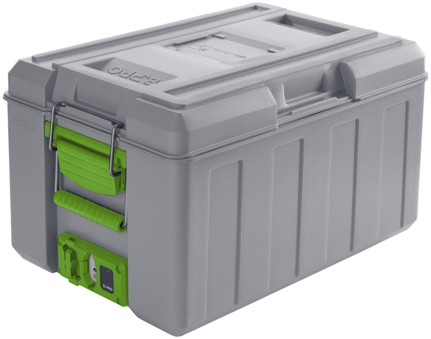 Graue Transportbox mit Griffen.