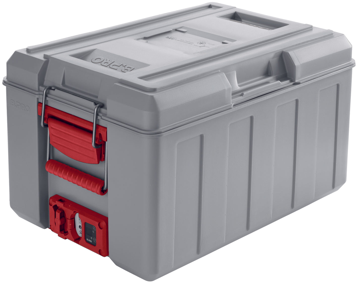 Graue Transportbox mit rotem Griff.