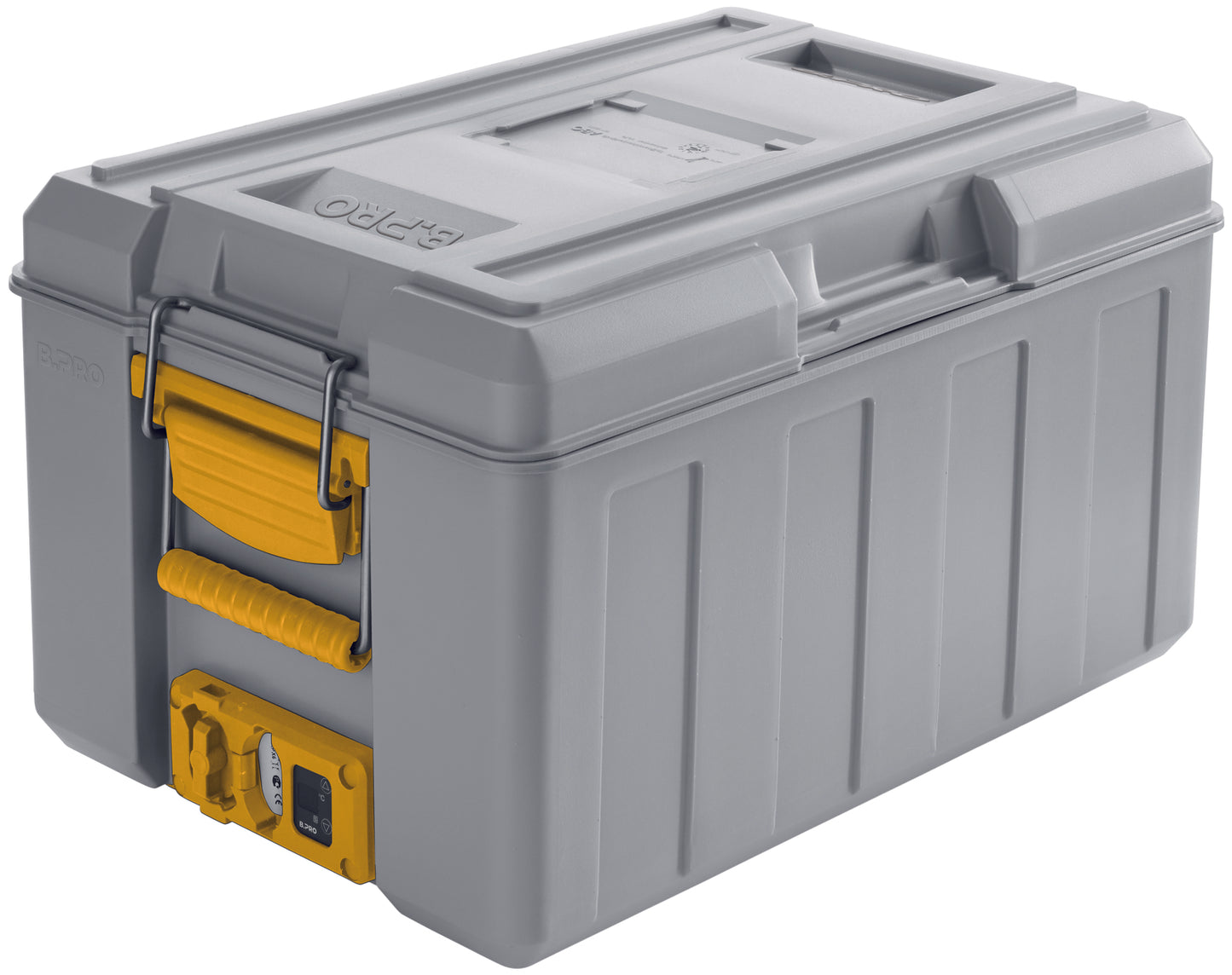 Graue Transportbox mit gelbem Griff.