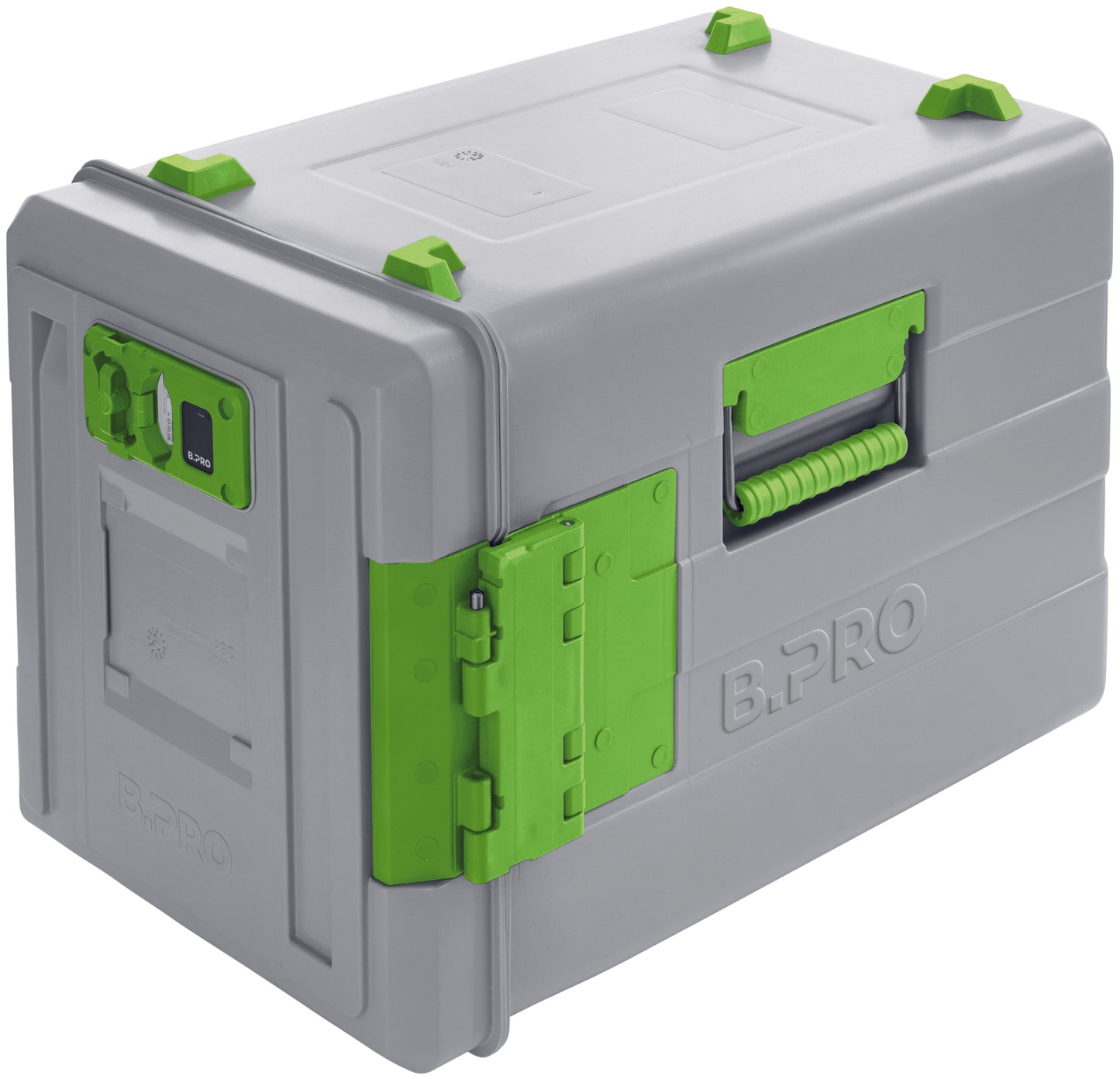 Graue Transportbox mit grünen Details.