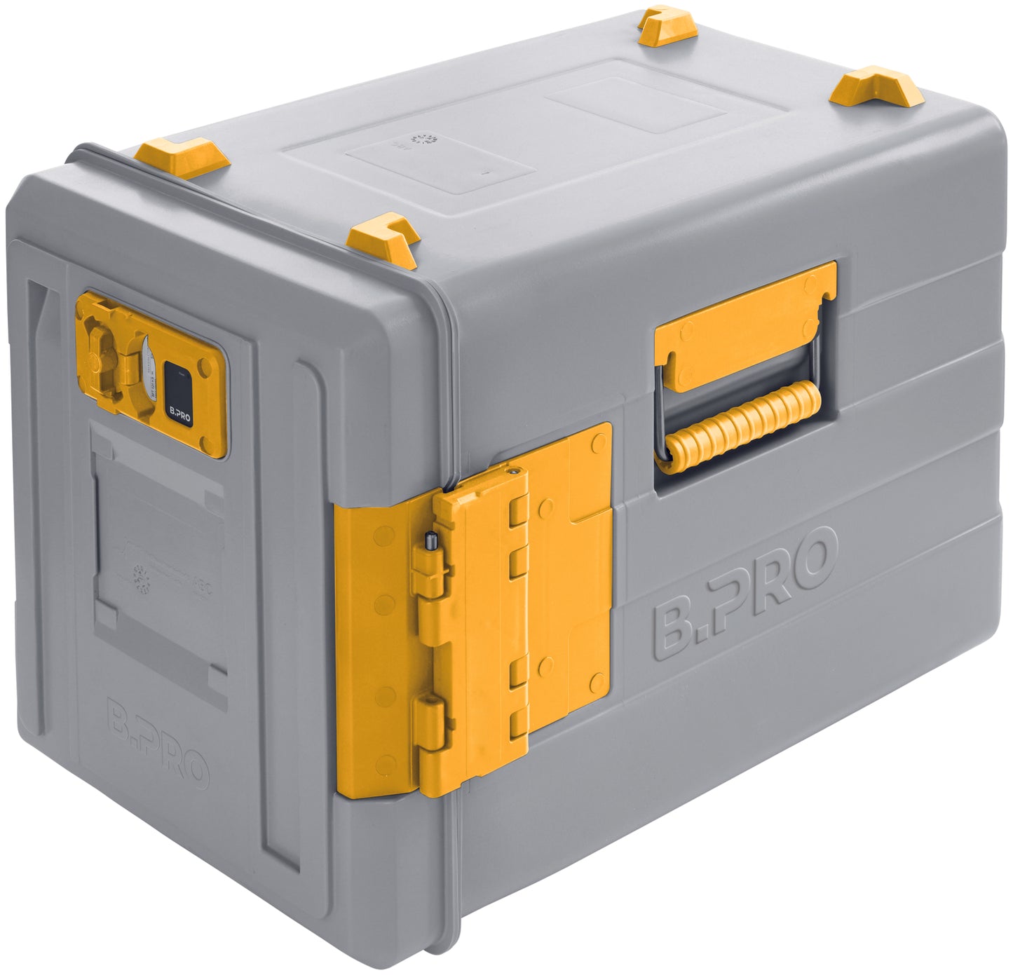 Graue Transportbox mit gelben Details.