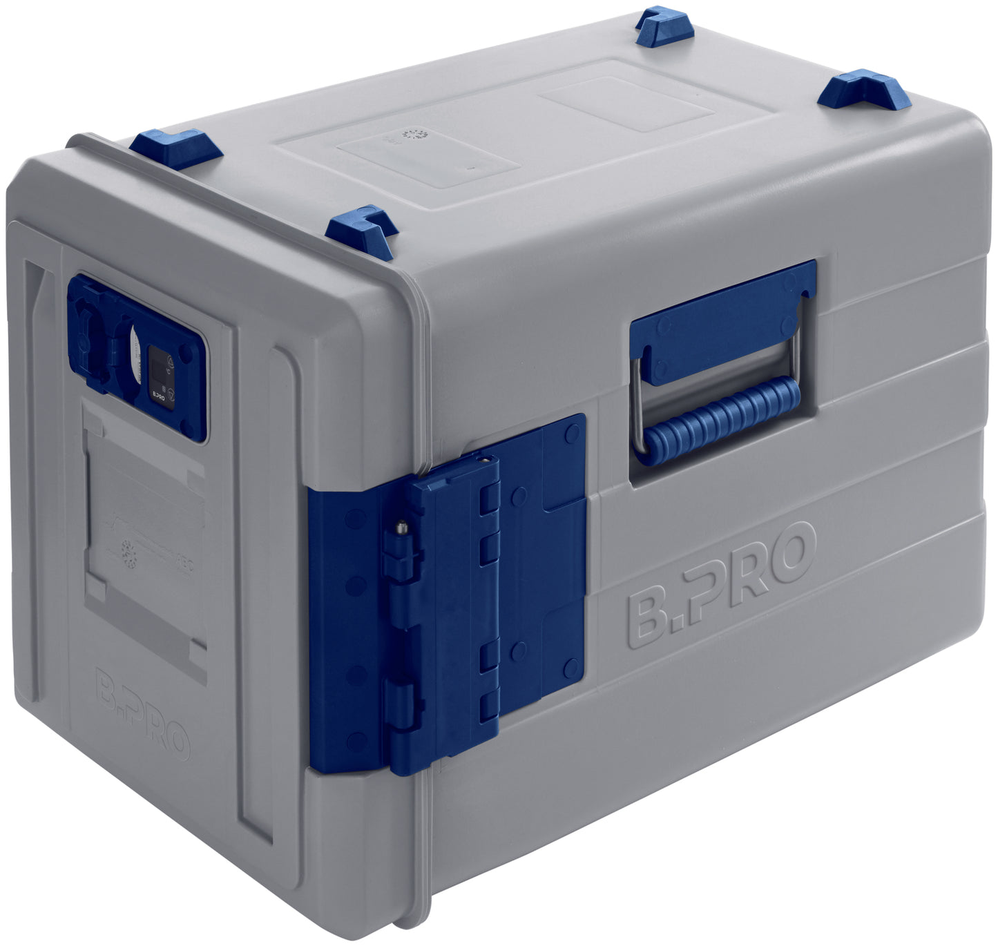 Graue Transportbox mit blauen Details.