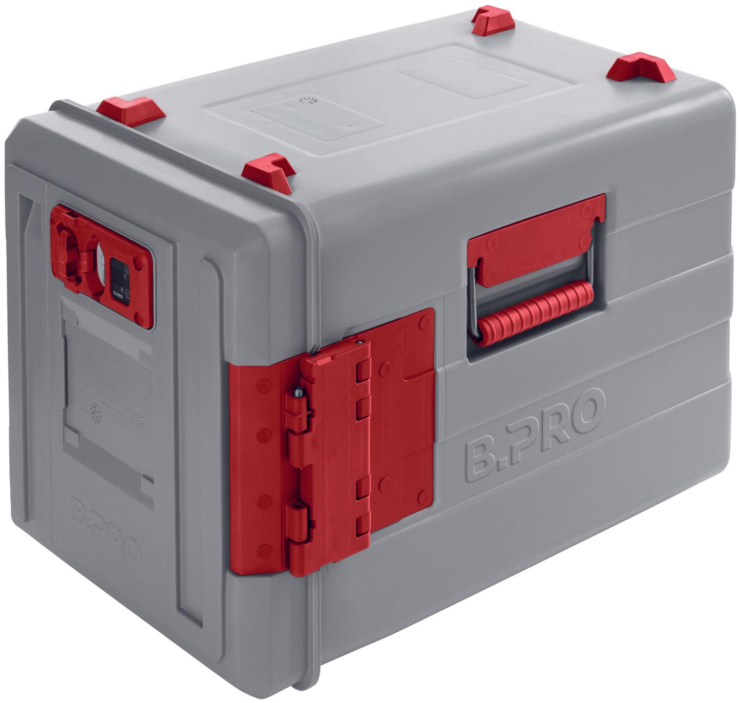 Graue Transportbox mit rotem Griff.