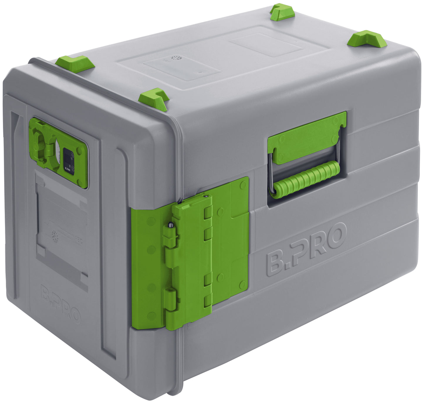 Graue Transportbox mit grünen Details.