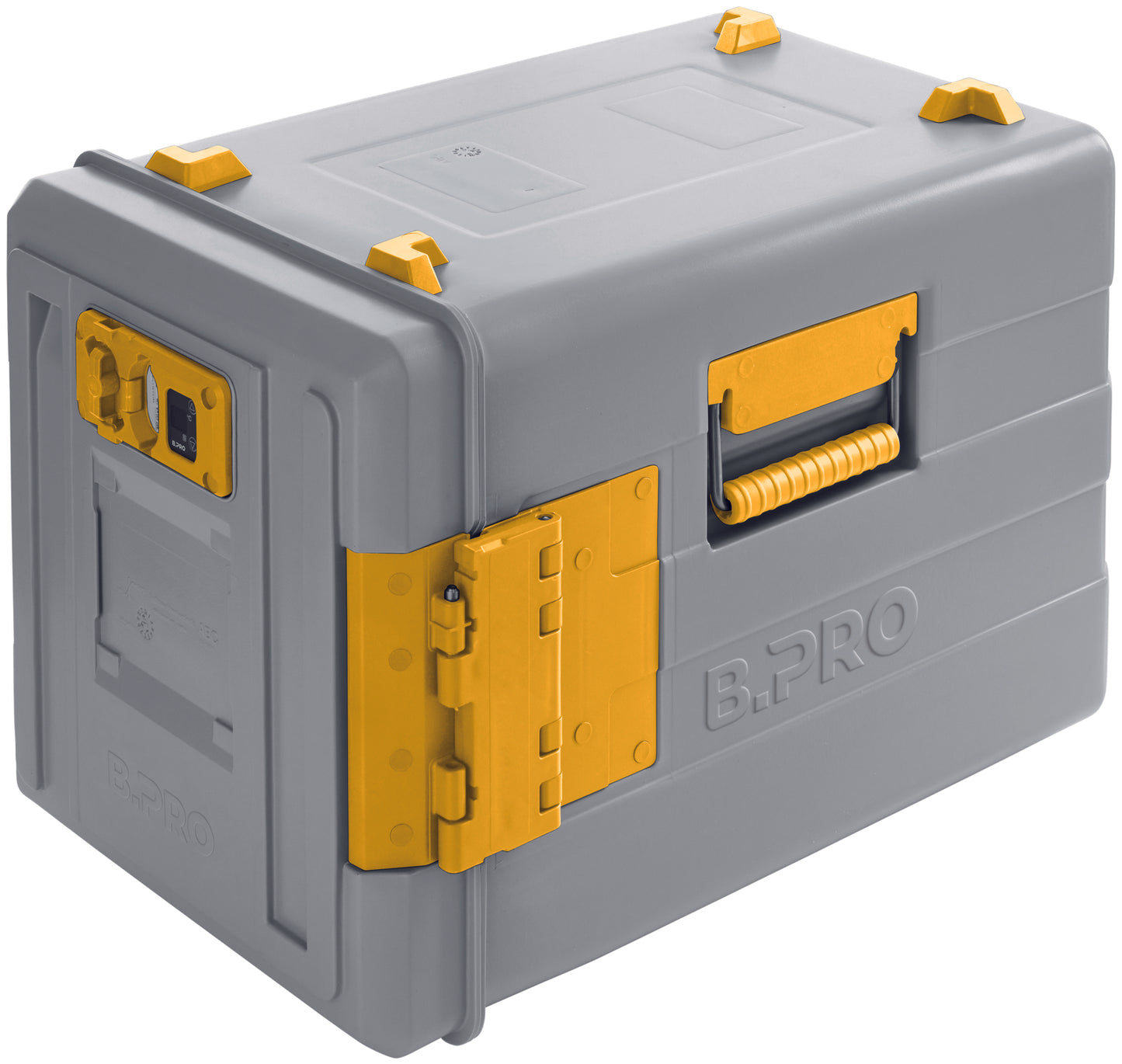 Graue Transportbox mit gelben Details.