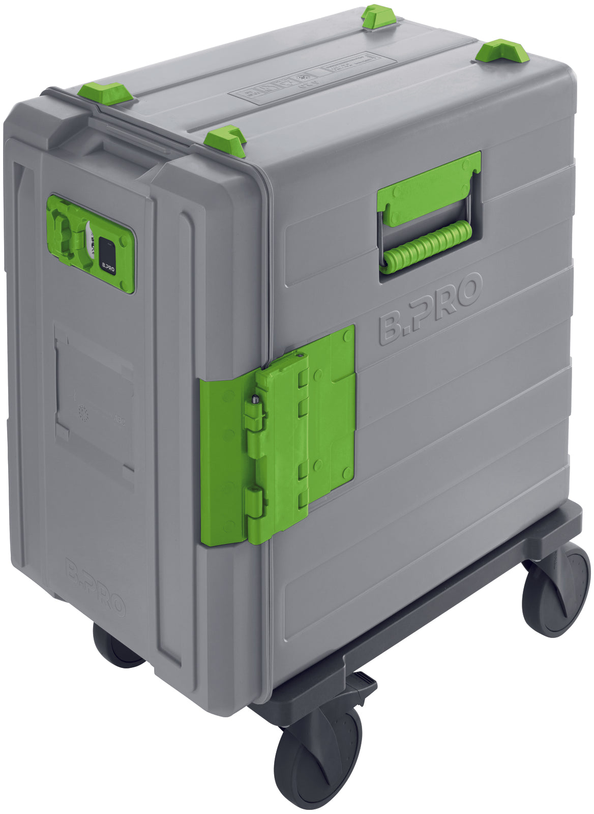 Transportbox auf Rollen mit Griff.