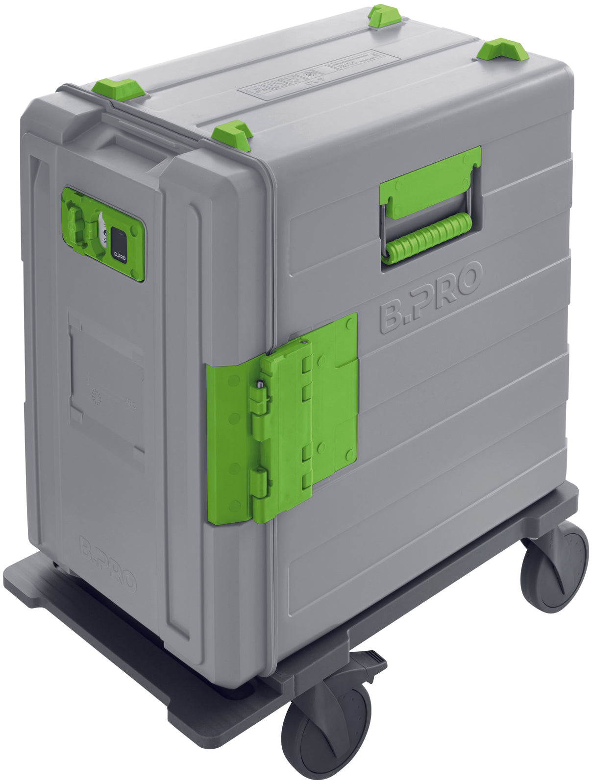 Grauer Transportbehälter mit Rollen.